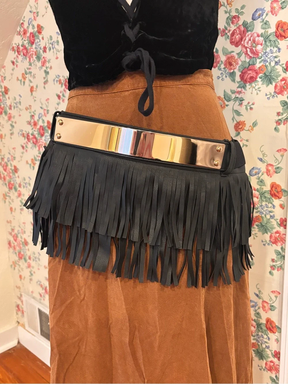 Black Fringe Hip Belt Gold Metal Goth Western Cowgirl Costume